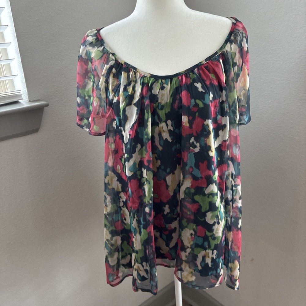 Easel Multicolor Floral Print Blouse Tunic Lined Watercolor Artsy Back Tie